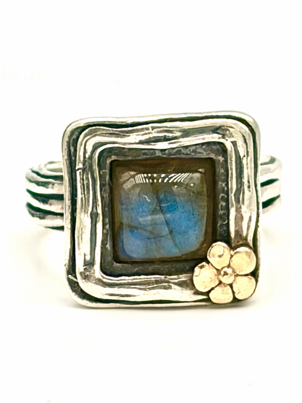 Didae Labradorite Square Ring with 14k Gold Accent, Sterling Silver - Blue Green